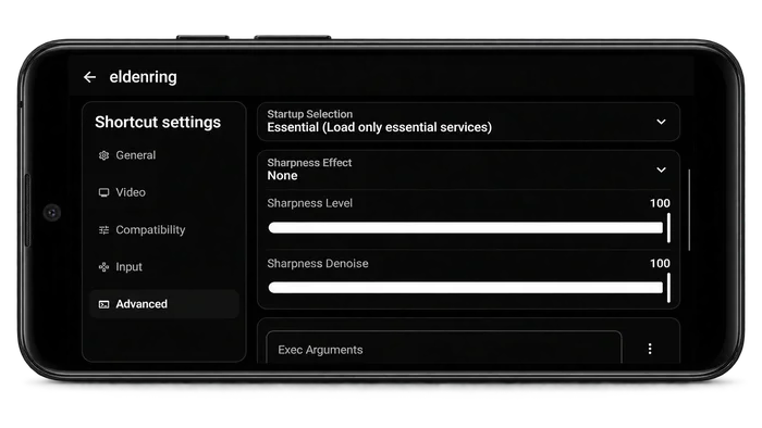 Advanced shortcut settings showing startup selection and sharpness controls
